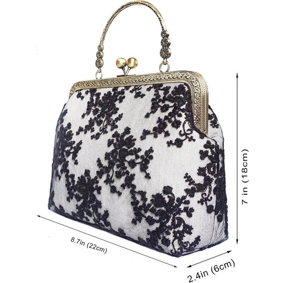 Women Vintage Kiss Lock Top Handle Evening  Shoulder Bag with Chain Strap